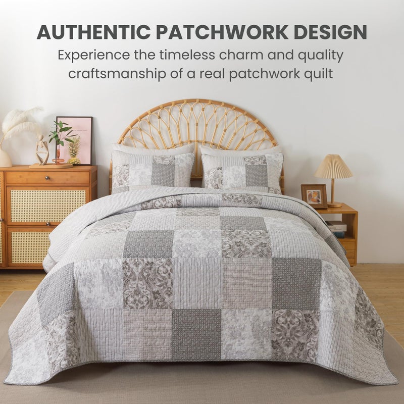 SLPR Silver Linings Cotton Quilt Set - Queen Size with 2 Shams, Neutral Pieced Patchwork Design, Country Silver Gray Quilted Comforter, Lightweight Summer Farmhouse Bedspread - Image 2